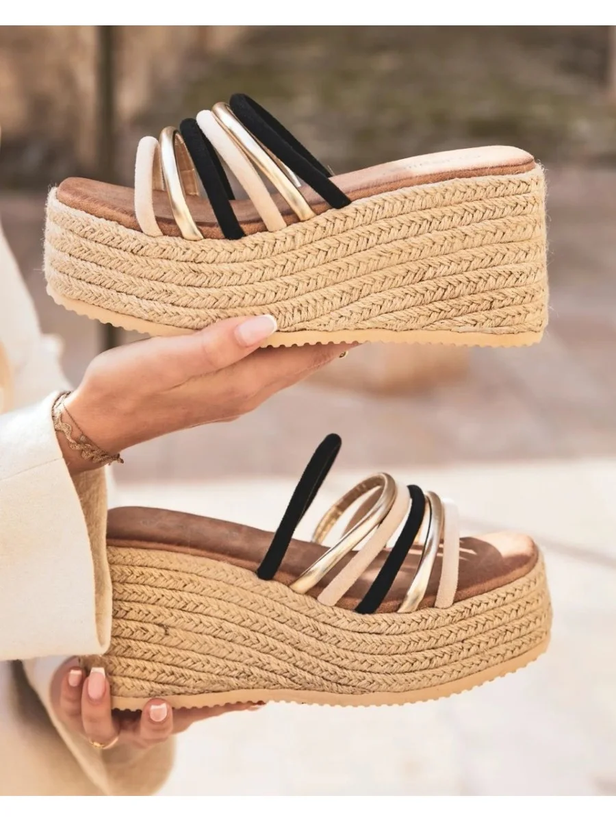Sandalias Con Plataforma de Esparto y Tiras Lerca Noir