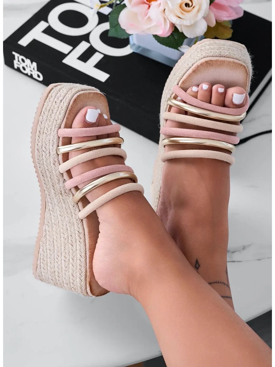 Sandalias Con Plataforma de Esparto y Tiras Lerca Beige