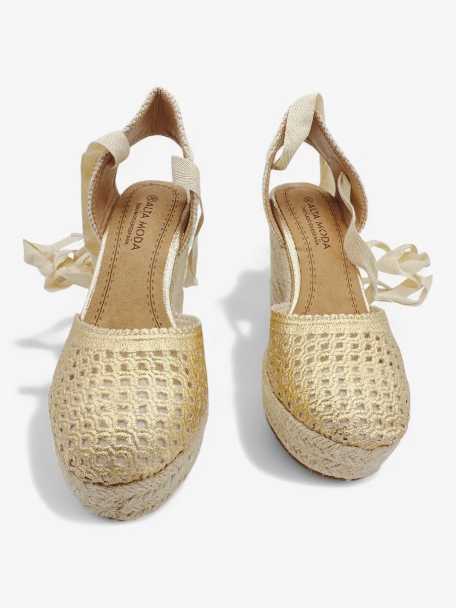 Sandalias con Cuñas de Esparto Atada en Pierna Roselle Gold