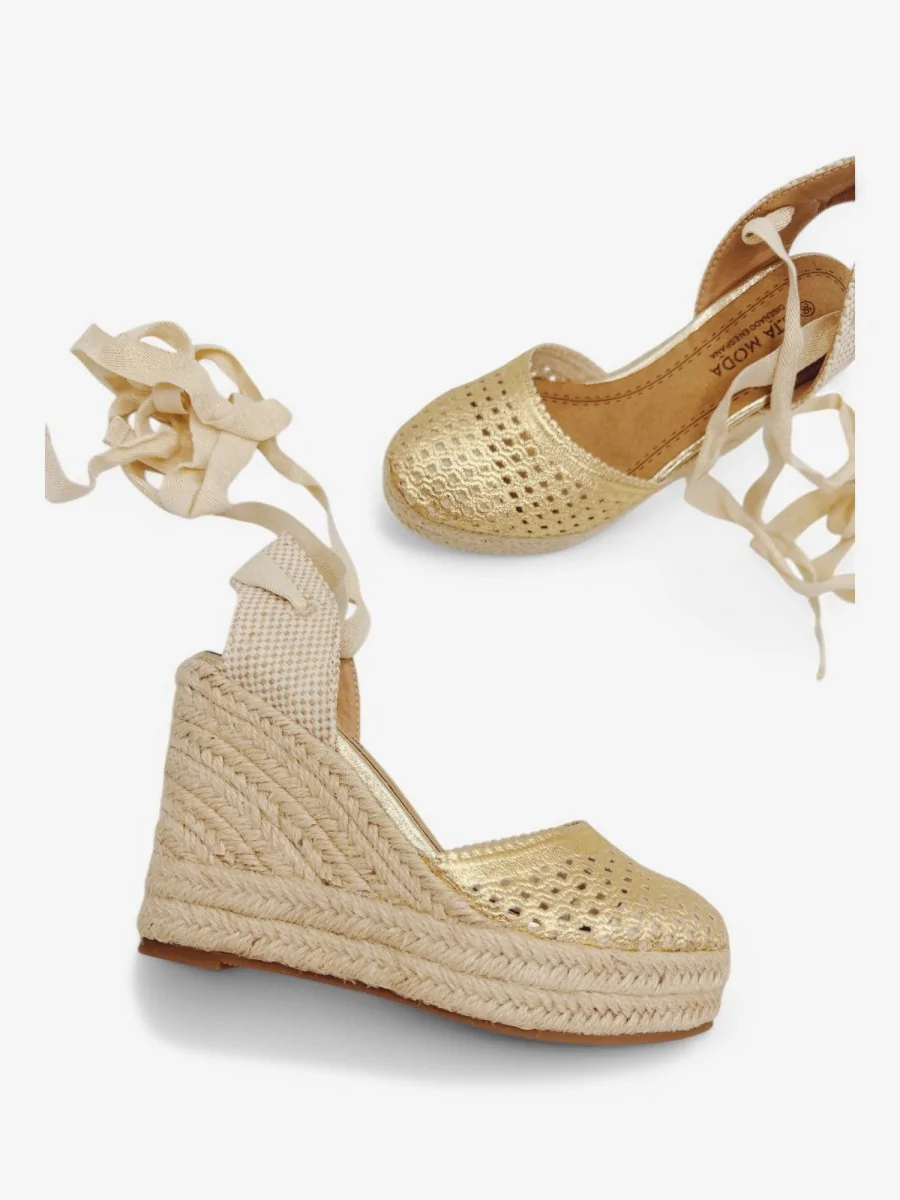 Sandalias con Cuñas de Esparto Atada en Pierna Roselle Gold