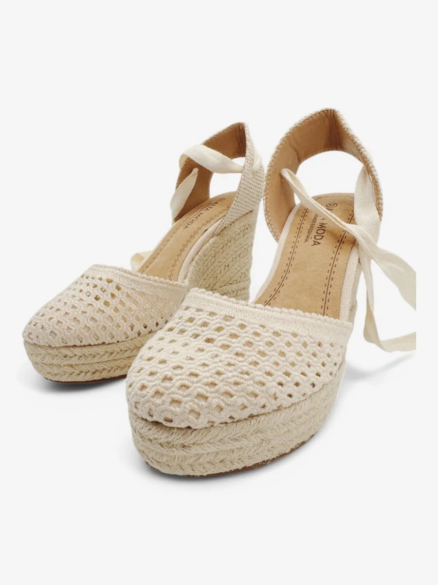 Sandalias con Cuñas de Esparto Atada en Pierna Roselle Beige