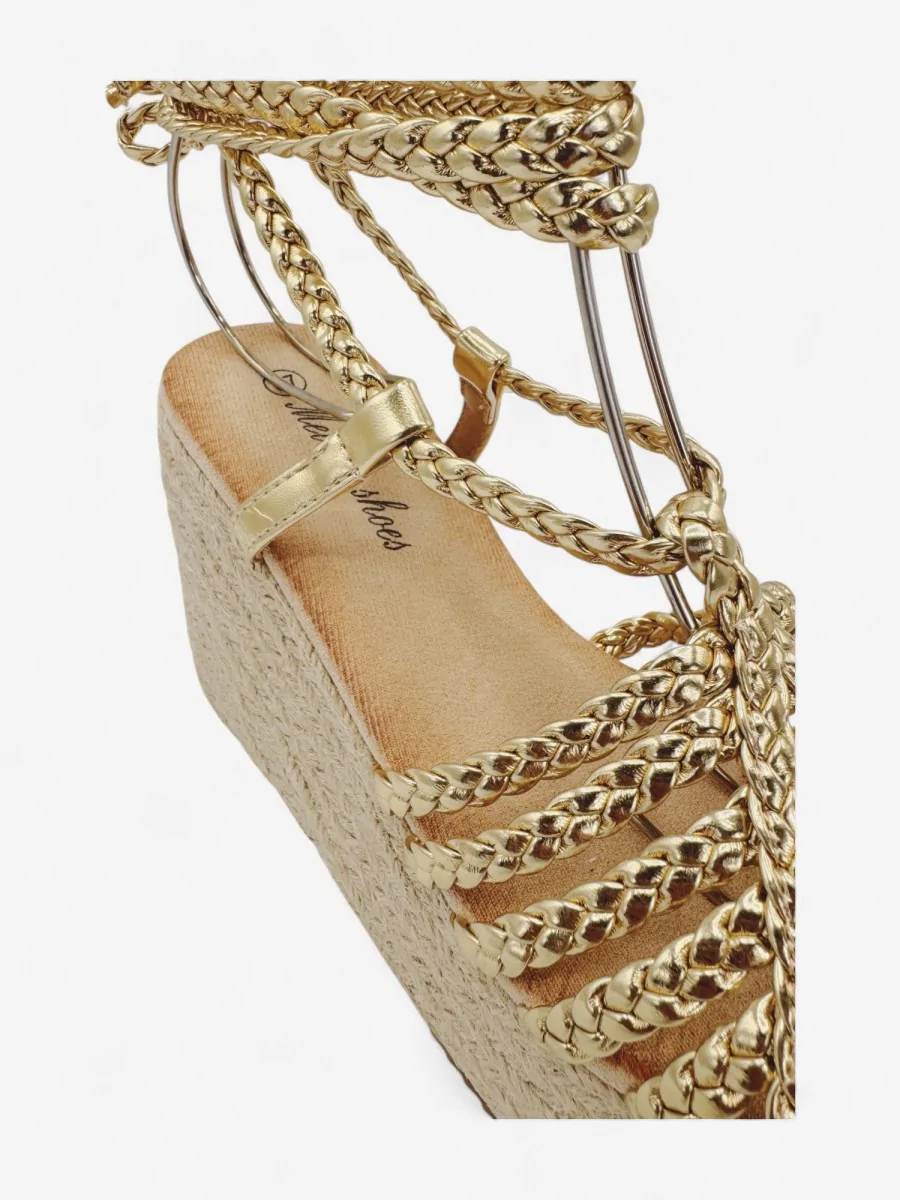 Sandalias con Cuña y Tiras Trenzadas Ales Gold