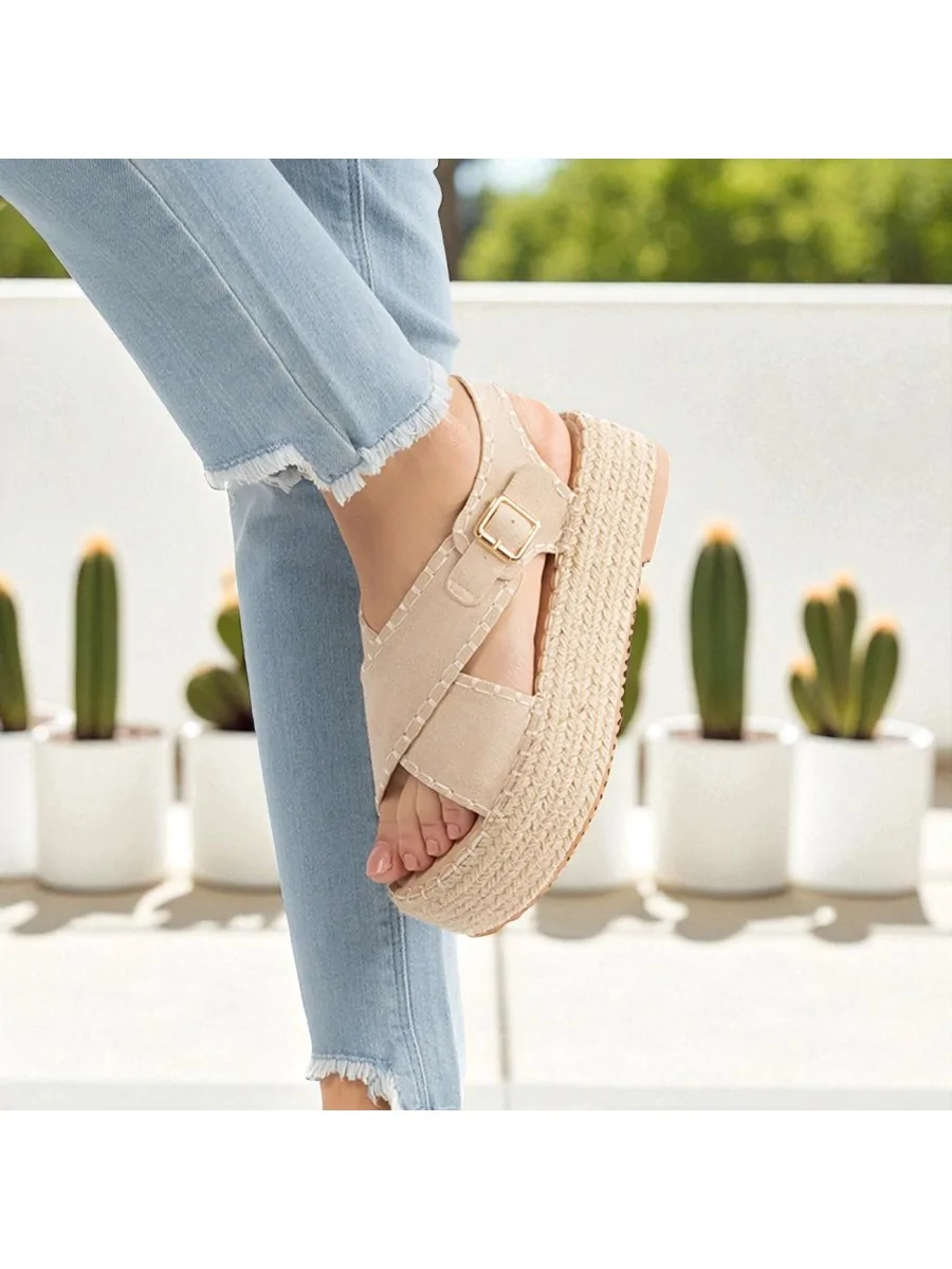 Sandalia con Plataforma de Esparto Lusia Beige