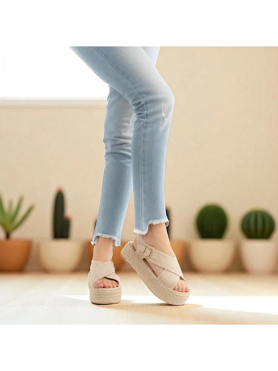 Sandalia con Plataforma de Esparto Lusia Beige