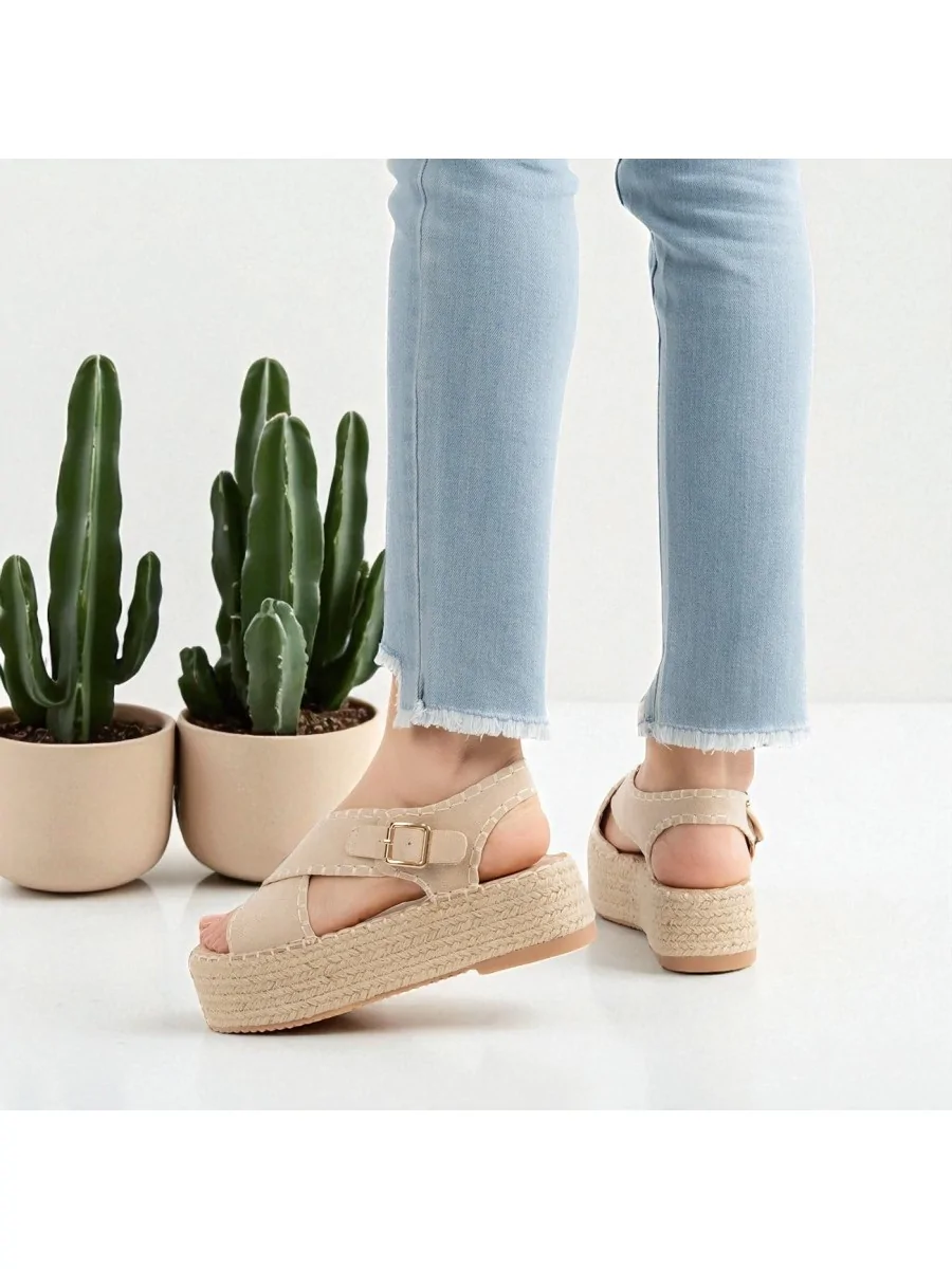 Sandalia con Plataforma de Esparto Lusia Beige