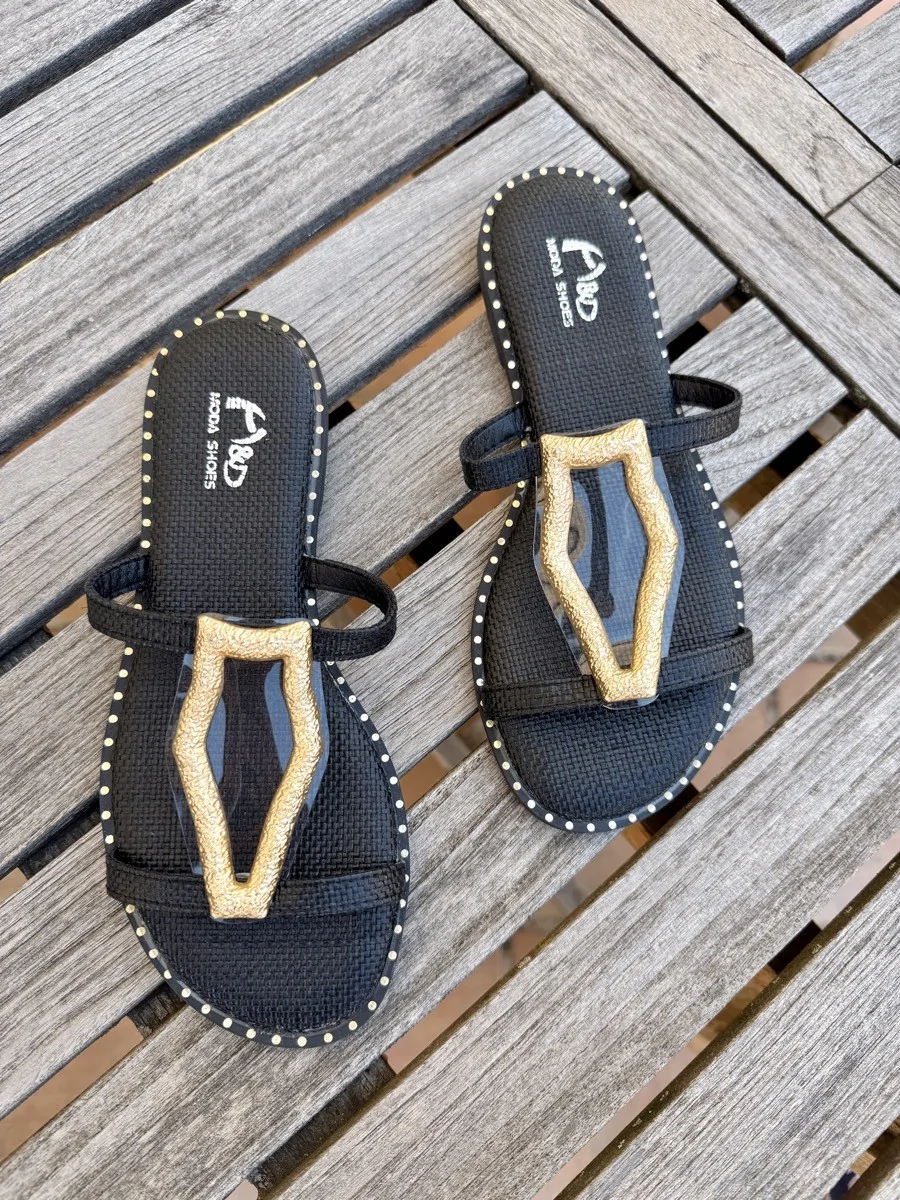 Sandalias Planas con Detalle Dorado Marsia Noir