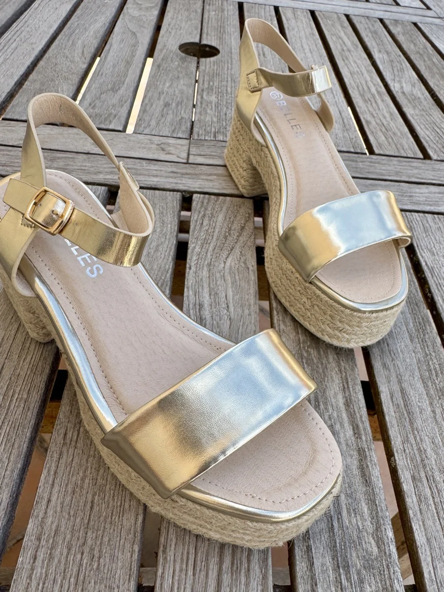 Sandalias con Tacón Grueso de Esparto Laives Gold