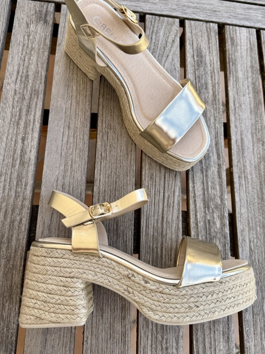 Sandalias con Tacón Grueso de Esparto Laives Gold