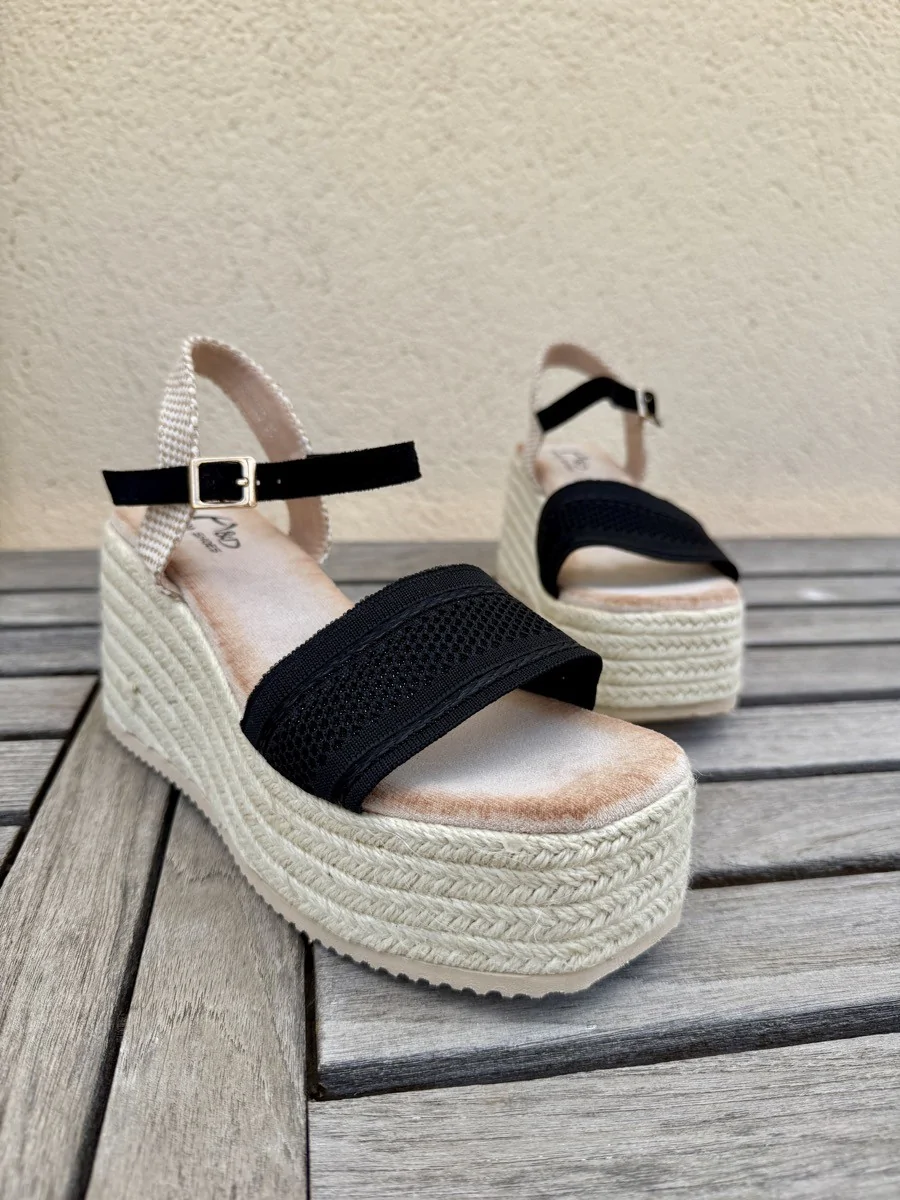 Sandalias con Cuña y Plataforma de Esparto Aranova Noir