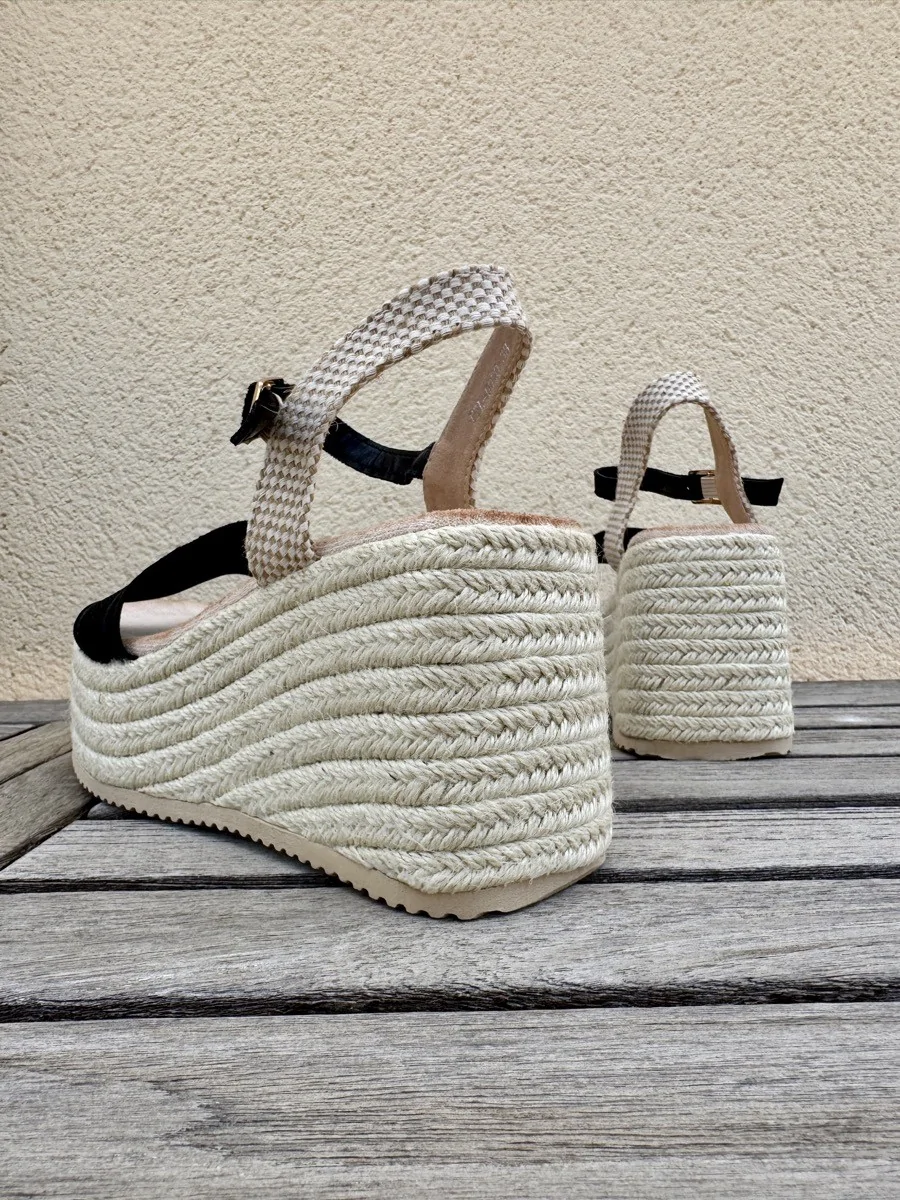 Sandalias con Cuña y Plataforma de Esparto Aranova Noir