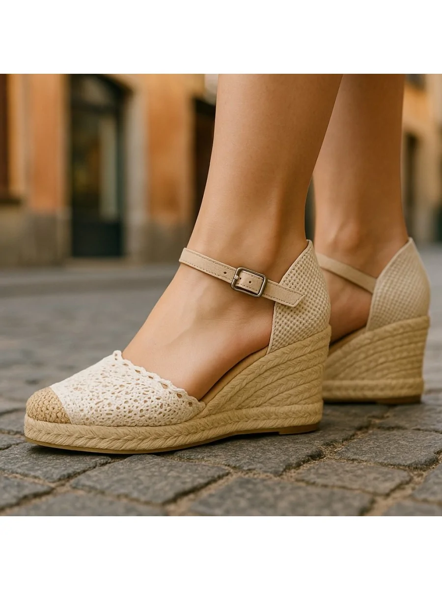 Sandalias de Cuña con Crochet Ceriana Beige