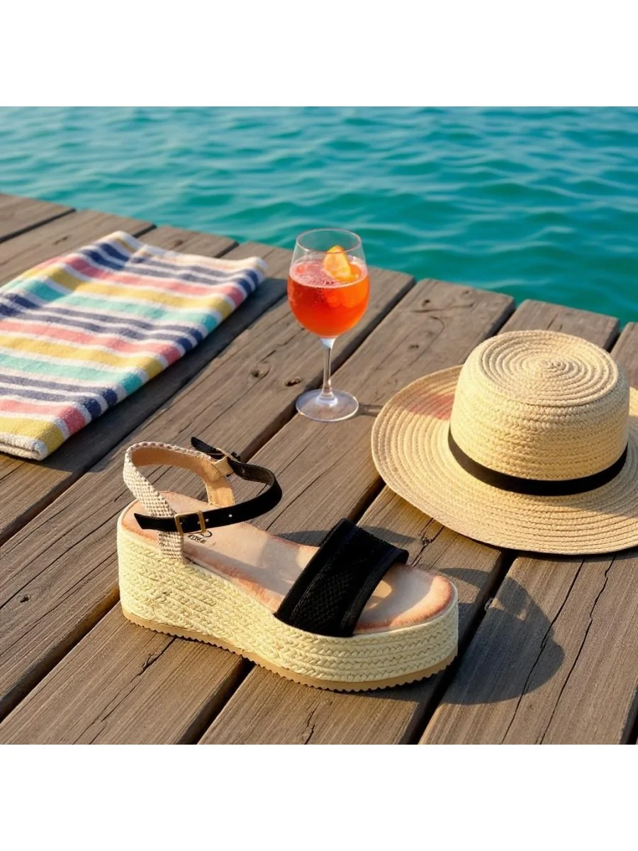 Sandalias con Cuña y Plataforma de Esparto Aranova Noir
