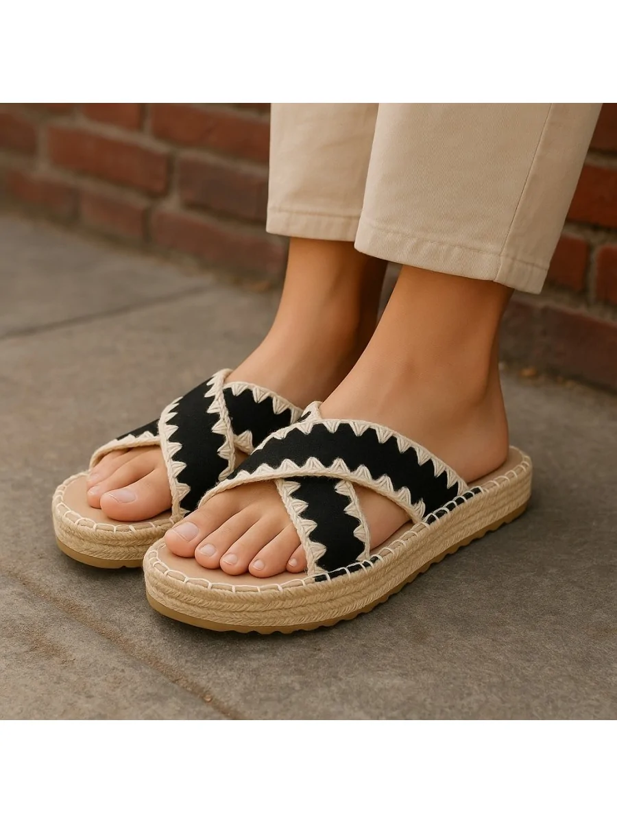 Sandalias con Plataforma de Esparto Caselli Noir