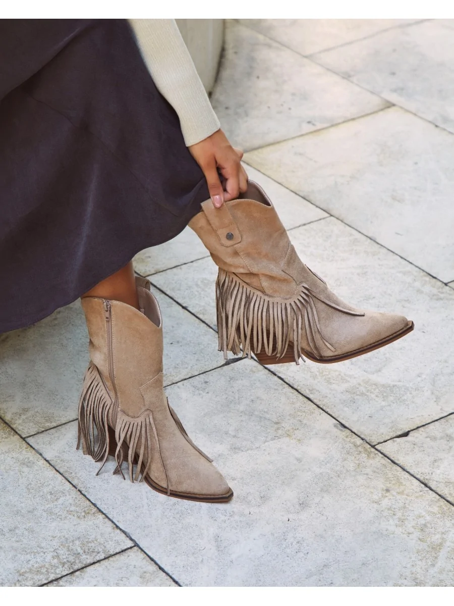 Bota cowboy con flecos Imola Beige
