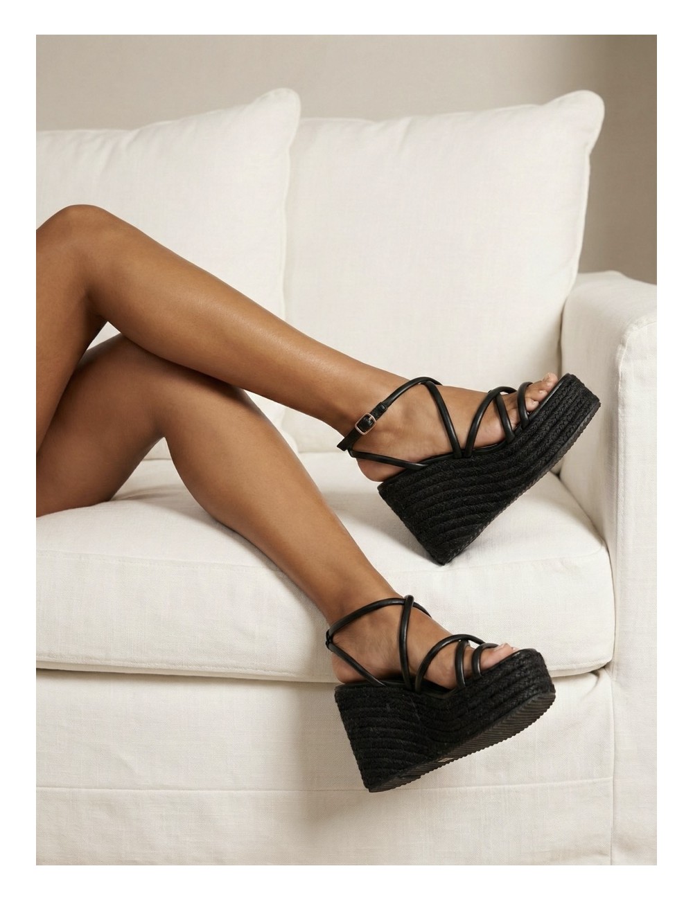 Sandalias con plataforma de esparto Positano Noir