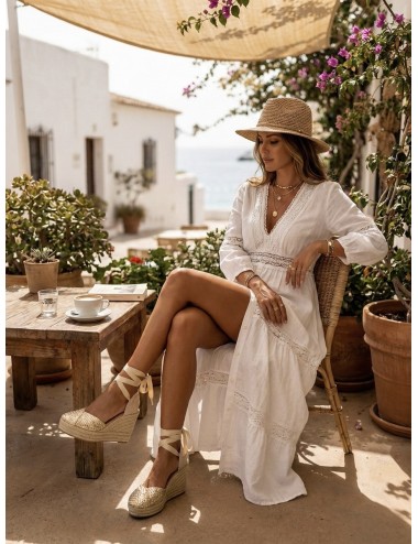 Sandalia cuña yute y lazo a la pierna Chidda Gold