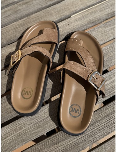 Sandalias plana con tachas y hebilla Lecse Khaki