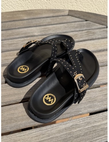Sandalias plana con tachas y hebilla Lecse Noir